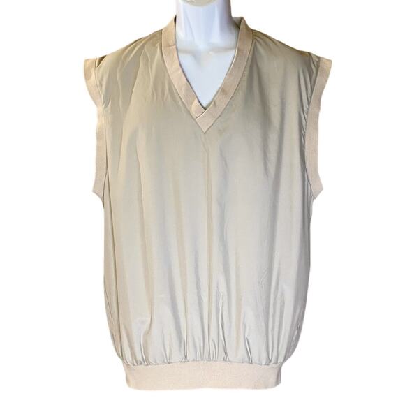 VTG Slazenger Mens M Vest Polyester Blend V Neck Tan Golf Shirt Lined Pockets - Picture 1 of 9